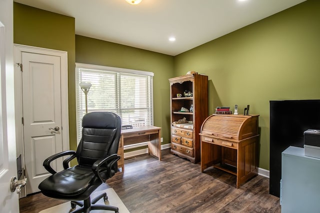 office space featuring dark wood-type flooring