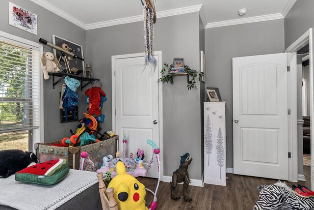 recreation room with ornamental molding and dark hardwood / wood-style floors