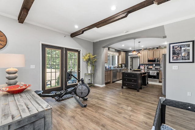 workout area with ornamental molding, wood-type flooring, and sink