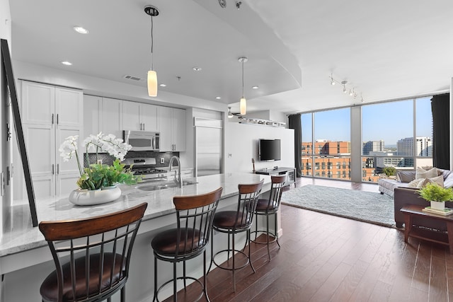 kitchen with white cabinetry, decorative light fixtures, dark hardwood / wood-style flooring, light stone counters, and appliances with stainless steel finishes