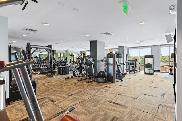 workout area with light colored carpet