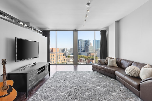 living room with dark wood-type flooring, a wall of windows, and rail lighting