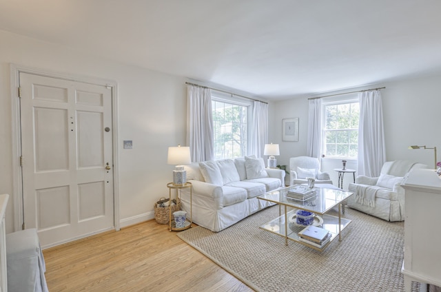 living room featuring light wood-type flooring and a healthy amount of sunlight