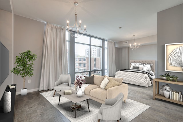 bedroom with dark hardwood / wood-style flooring and an inviting chandelier