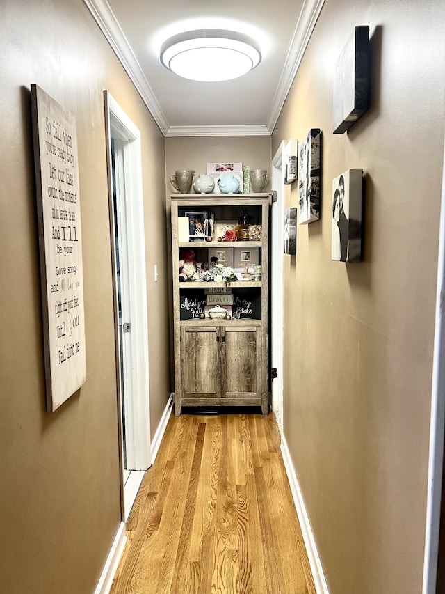 corridor featuring crown molding and light hardwood / wood-style flooring