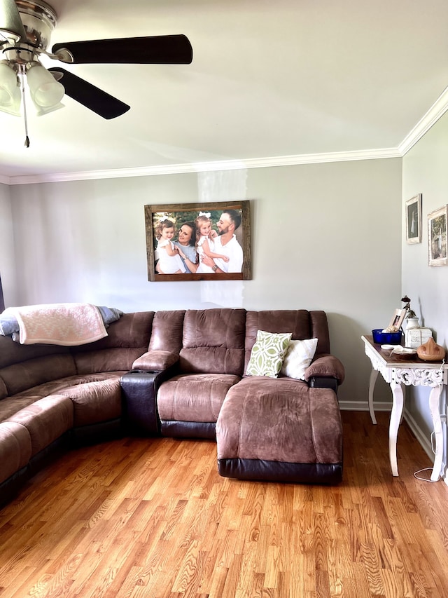 living room featuring ornamental molding, light hardwood / wood-style flooring, and ceiling fan