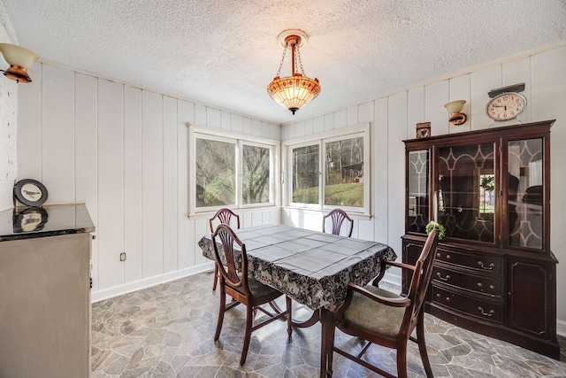 dining space with stone finish flooring, baseboards, and a textured ceiling