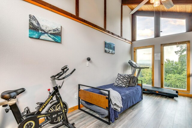 bedroom with multiple windows, ceiling fan, hardwood / wood-style flooring, and beam ceiling