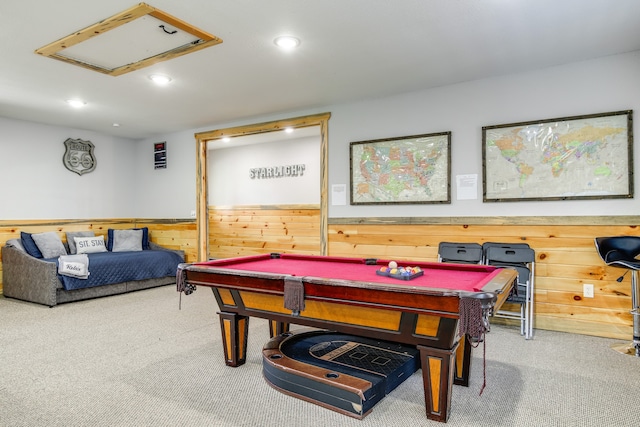 recreation room with wood walls, pool table, and carpet floors