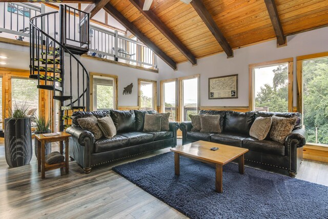 living room featuring wooden ceiling, beamed ceiling, high vaulted ceiling, and hardwood / wood-style floors