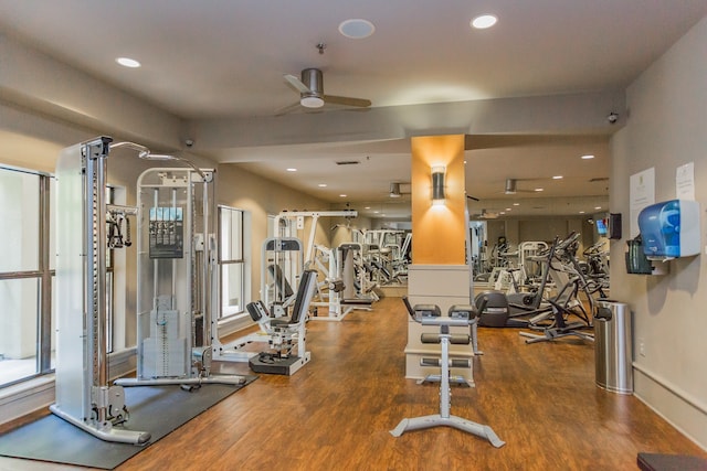 exercise room with wood-type flooring and ceiling fan