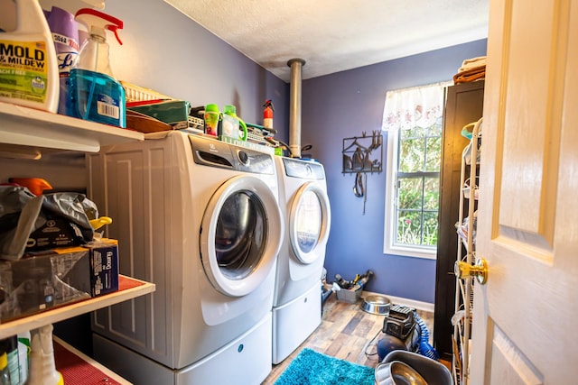 laundry room featuring wood finished floors, baseboards, washing machine and clothes dryer, laundry area, and a textured ceiling