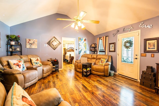 living room with vaulted ceiling, ceiling fan, and wood finished floors