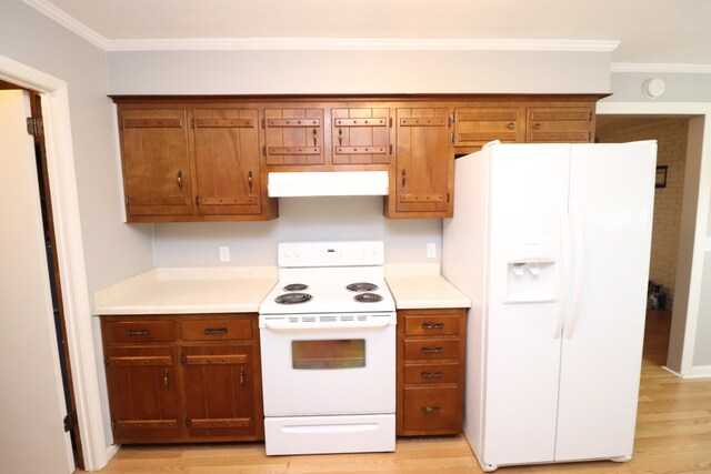 kitchen featuring light hardwood / wood-style flooring, white appliances, and ornamental molding