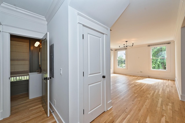 hallway featuring light wood-style floors, baseboards, and ornamental molding