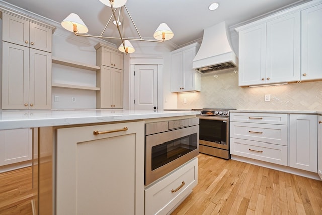 kitchen with tasteful backsplash, light wood-type flooring, custom range hood, electric stove, and open shelves