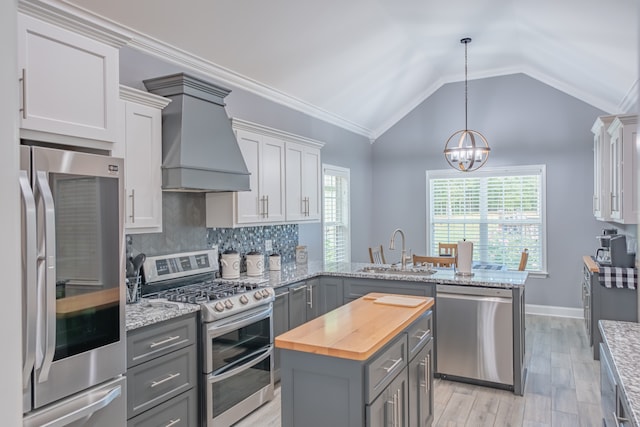 kitchen featuring appliances with stainless steel finishes, kitchen peninsula, gray cabinets, custom exhaust hood, and sink