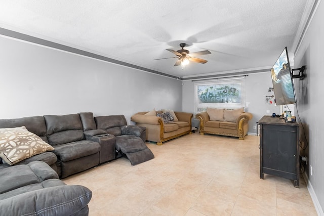 living room with baseboards, a textured ceiling, a ceiling fan, and crown molding