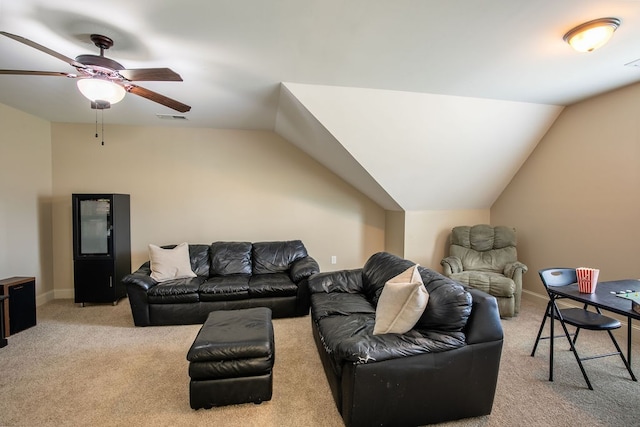 carpeted living room with lofted ceiling and ceiling fan