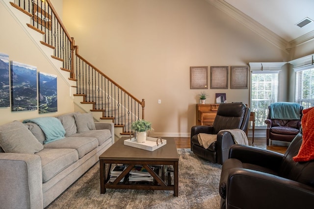 living room featuring ornamental molding, high vaulted ceiling, and wood-type flooring