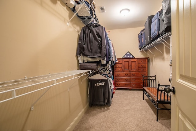 walk in closet with light colored carpet