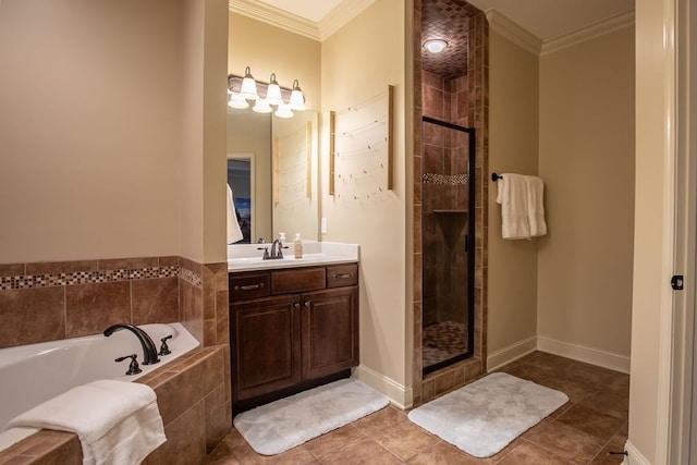 bathroom with tile patterned floors, independent shower and bath, crown molding, and vanity