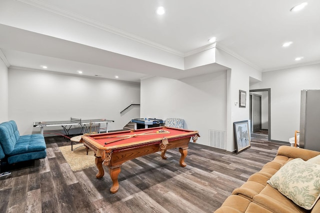 4818 Ensor Hollow Rd, Buffalo Valley, TN 38548 - playroom featuring recessed lighting, wood finished floors, visible vents, ornamental molding, and pool table