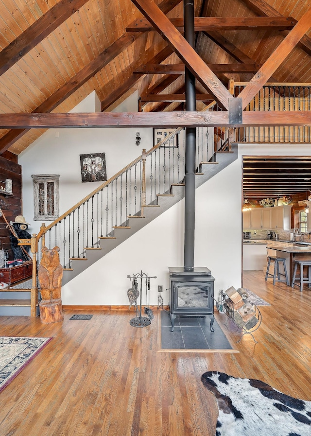 4818 Ensor Hollow Rd, Buffalo Valley, TN 38548 - unfurnished living room featuring wooden ceiling, beam ceiling, and stairs