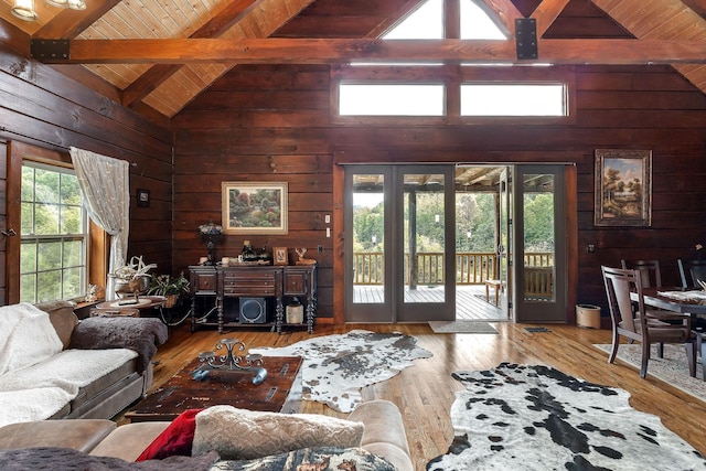 4818 Ensor Hollow Rd, Buffalo Valley, TN 38548 - living area with beamed ceiling, hardwood / wood-style flooring, wood walls, and wood ceiling