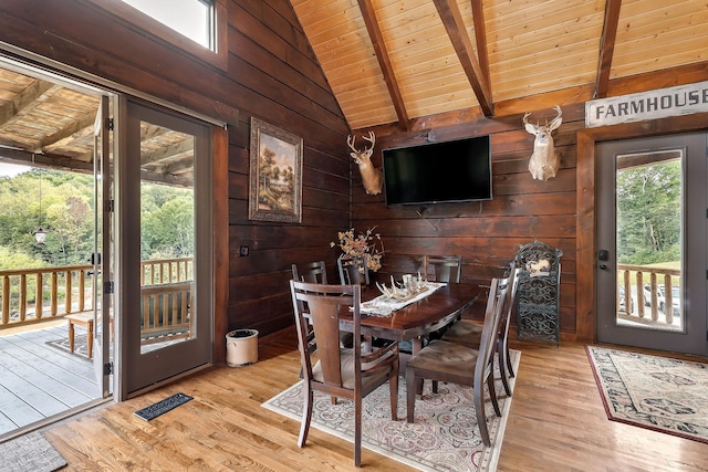 4818 Ensor Hollow Rd, Buffalo Valley, TN 38548 - dining space with wood ceiling, wooden walls, vaulted ceiling with beams, and light wood finished floors