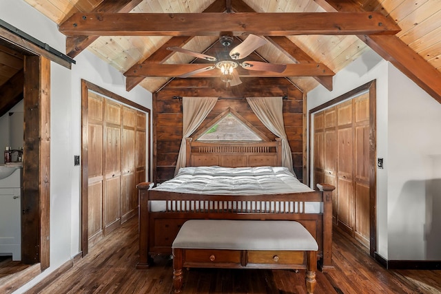 4818 Ensor Hollow Rd, Buffalo Valley, TN 38548 - bedroom featuring wooden ceiling, vaulted ceiling with beams, and dark wood-type flooring