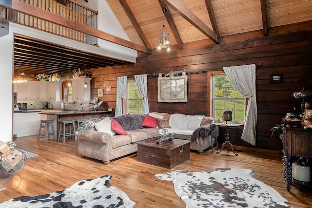 4818 Ensor Hollow Rd, Buffalo Valley, TN 38548 - living area with wood ceiling, wooden walls, light wood-style floors, and beamed ceiling