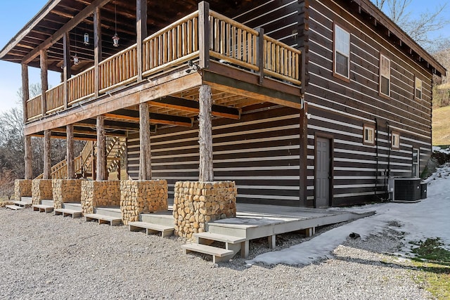 4818 Ensor Hollow Rd, Buffalo Valley, TN 38548 - view of side of property with a wooden deck, central AC, and stairway