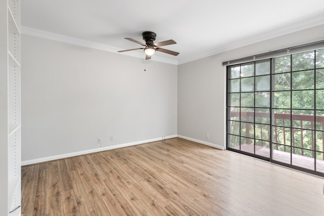 unfurnished bedroom with ceiling fan, ornamental molding, and light hardwood / wood-style floors