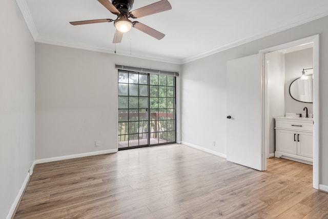 unfurnished bedroom with ensuite bathroom, light hardwood / wood-style floors, crown molding, and sink