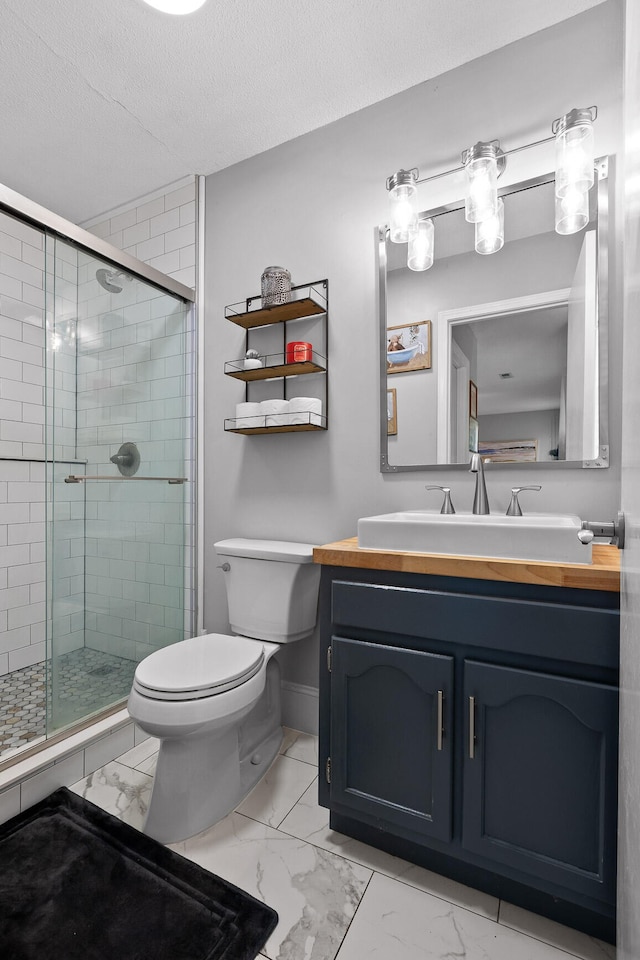 bathroom featuring an enclosed shower, toilet, a textured ceiling, and vanity