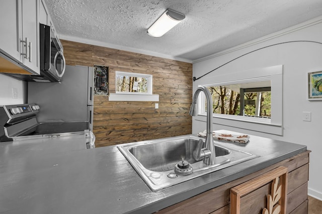 kitchen with appliances with stainless steel finishes, a wealth of natural light, wooden walls, and a textured ceiling