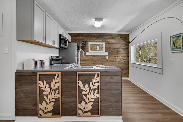 kitchen with a textured ceiling, wood walls, sink, dark wood-type flooring, and appliances with stainless steel finishes