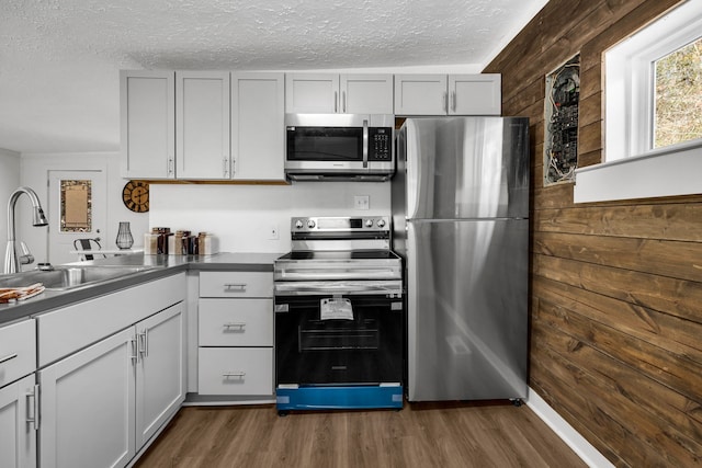 kitchen with wooden walls, stainless steel appliances, sink, dark hardwood / wood-style floors, and a textured ceiling