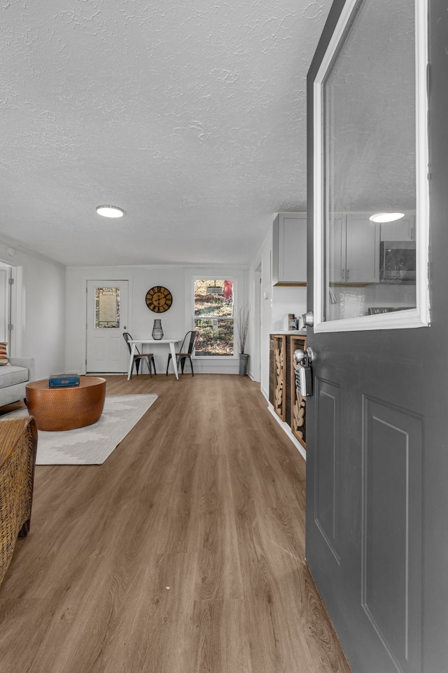 living room featuring hardwood / wood-style flooring and a textured ceiling