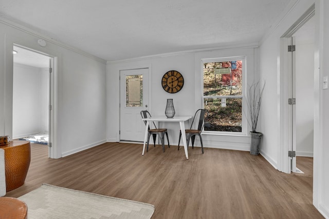 interior space featuring ornamental molding and light hardwood / wood-style flooring