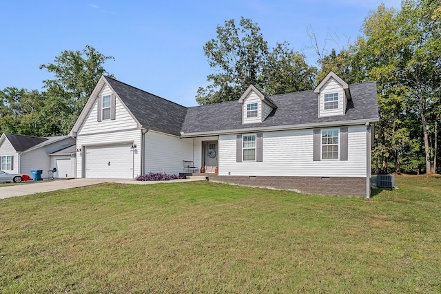 cape cod-style house featuring a garage, a front lawn, and central air condition unit