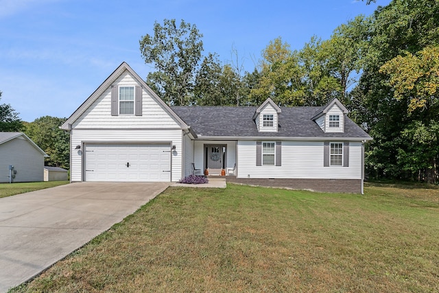 cape cod home with a garage and a front lawn