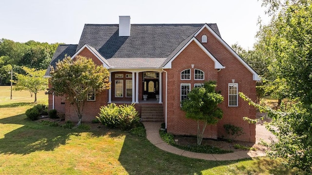 view of front facade with a front yard, a porch, brick siding, and roof with shingles
