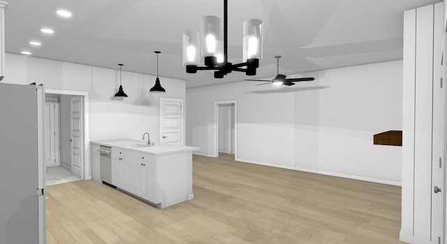 kitchen featuring white fridge, ceiling fan with notable chandelier, hanging light fixtures, light wood-type flooring, and white cabinets