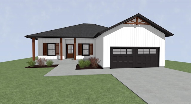 modern inspired farmhouse with a garage and a front lawn