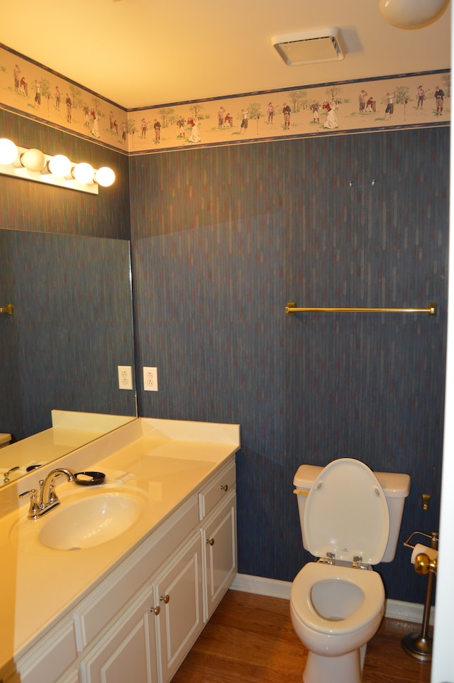 bathroom with vanity, toilet, and wood-type flooring