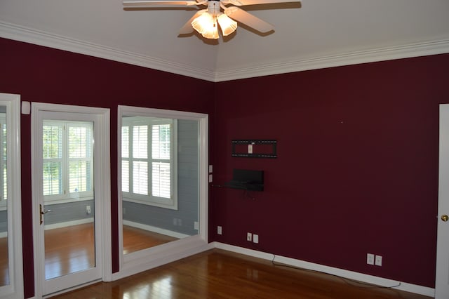 doorway with crown molding, wood-type flooring, and ceiling fan