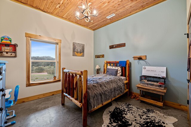 bedroom featuring wood ceiling, a chandelier, concrete floors, and ornamental molding