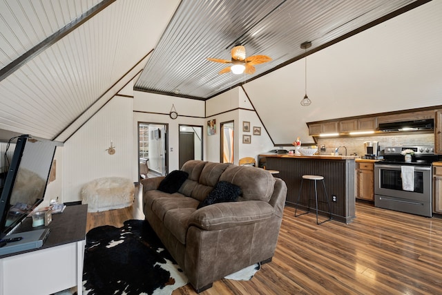 living room featuring wooden ceiling, vaulted ceiling, dark hardwood / wood-style flooring, and ceiling fan